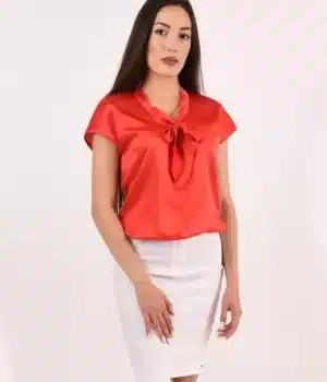 ПЕНЕЛОПЕ - Блуза с къс ръкав- Сатен -Корал - Блузи и Ризи - RenyStyle.bg