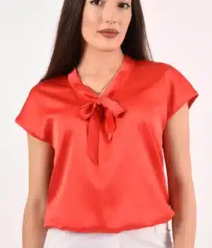 ПЕНЕЛОПЕ - Блуза с къс ръкав- Сатен -Корал - Блузи и Ризи - RenyStyle.bg