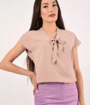 ПЕНЕЛОПЕ - Дамска блуза с къс ръкав - коприна - капучино - Без ръкав - RenyStyle.bg
