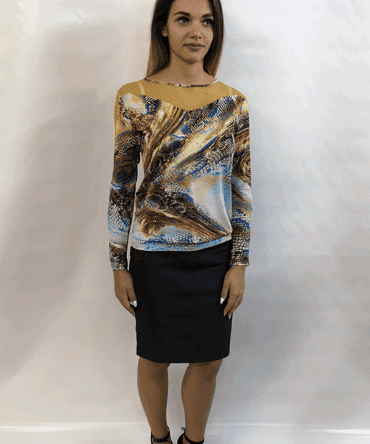 Дамска блуза от Трико с Тюл с принт десен в Синьо и Горчица